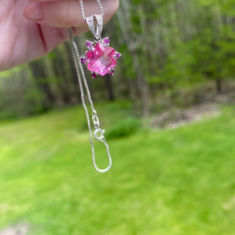 10K White Gold Pink & Purple Pendant on Sterling Silver Chain